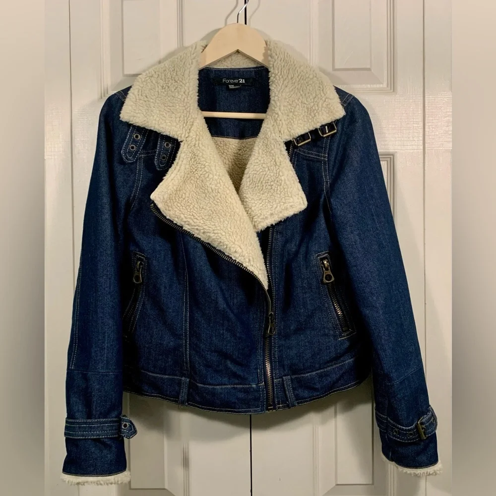 Vegan Shearling Dark Denim Moto Jacket - Picture 6 of 6